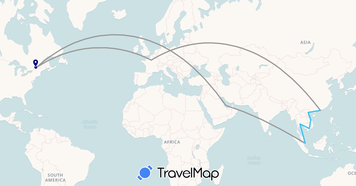 TravelMap itinerary: driving, plane, boat in Canada, France, Hong Kong, Qatar, Russia, Singapore, Thailand, Vietnam (Asia, Europe, North America)